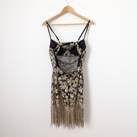 For Love And Lemons gold black sheer glitter sequin fringe Colette mini dress - Picture 5 of 6